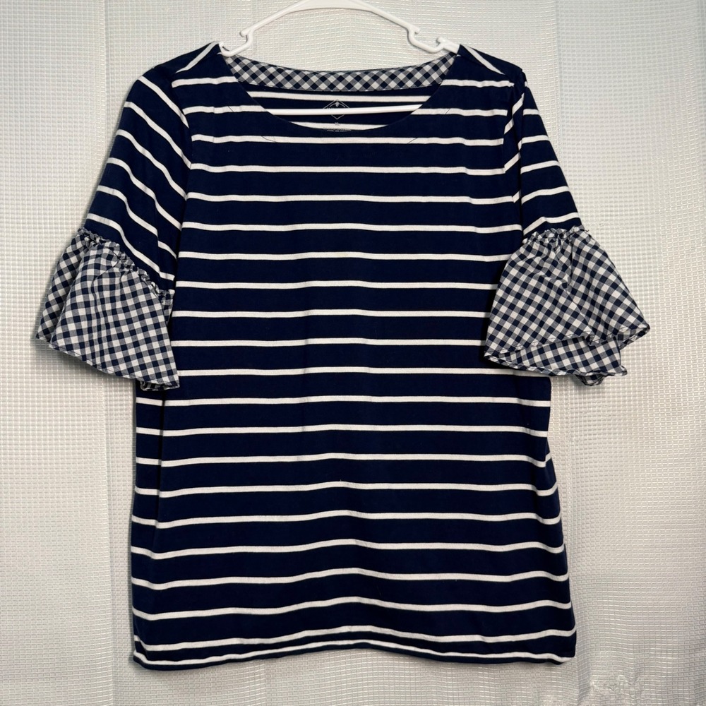 St. John's Bay Striped Top XL Navy Blue Gingham Bell Sleeve